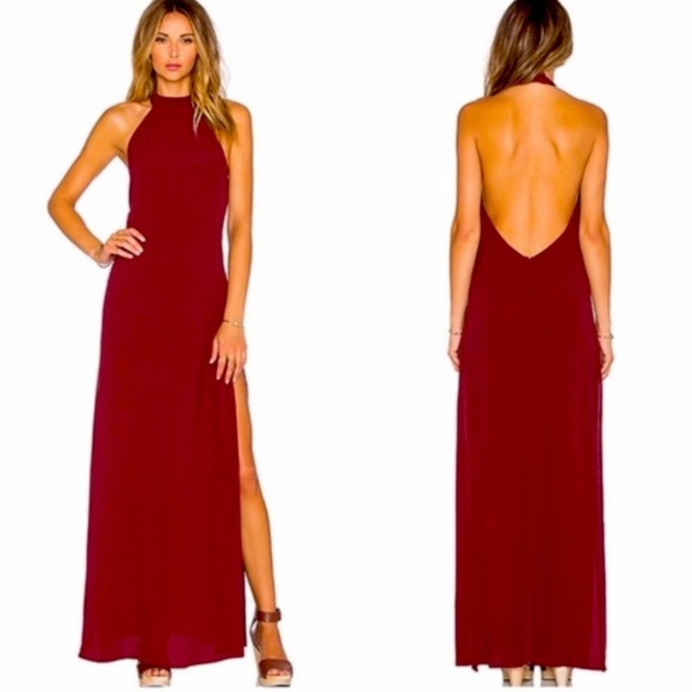 Flynn Skye Tyra Maxi Halterneck Dress Leg Slit, Merlot, XS, NWOT